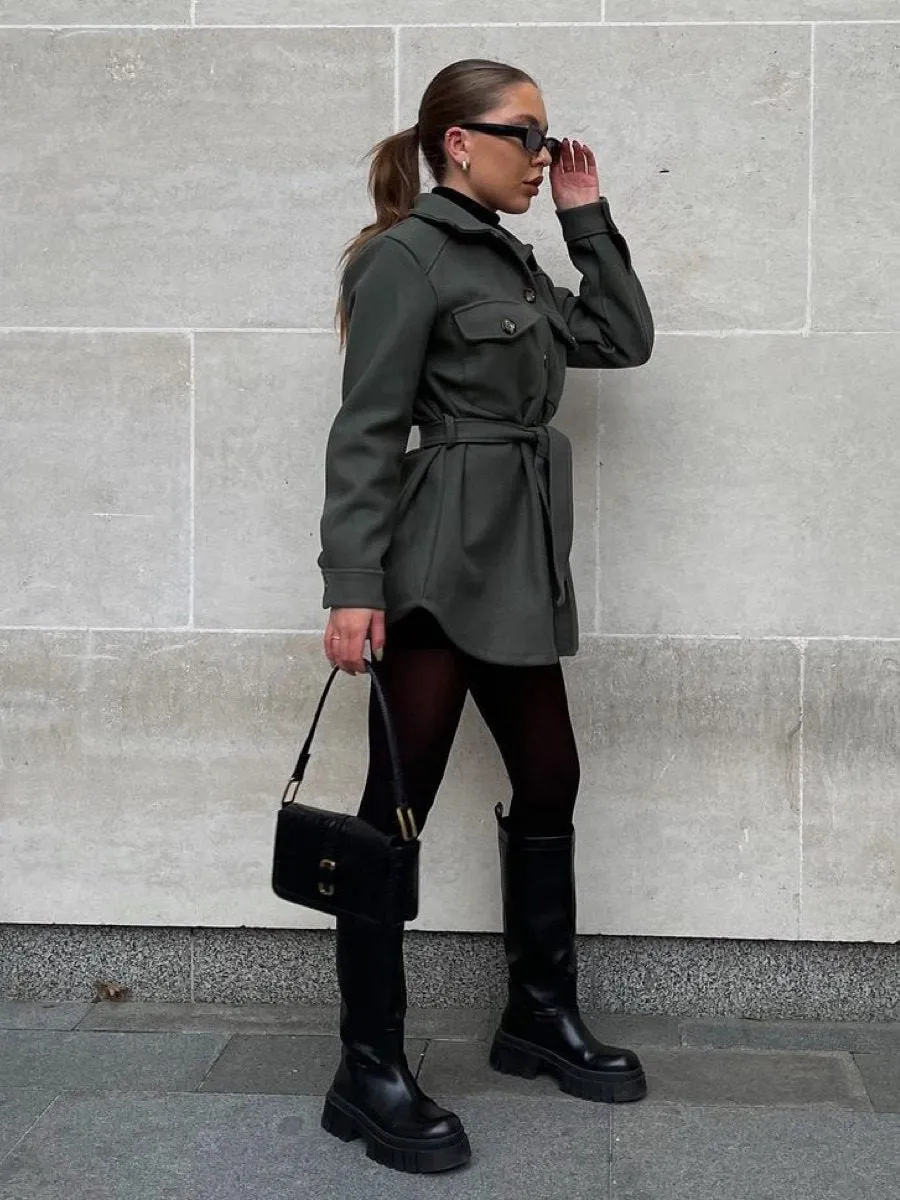 Alix Oversized Thick Belted Shacket In Khaki