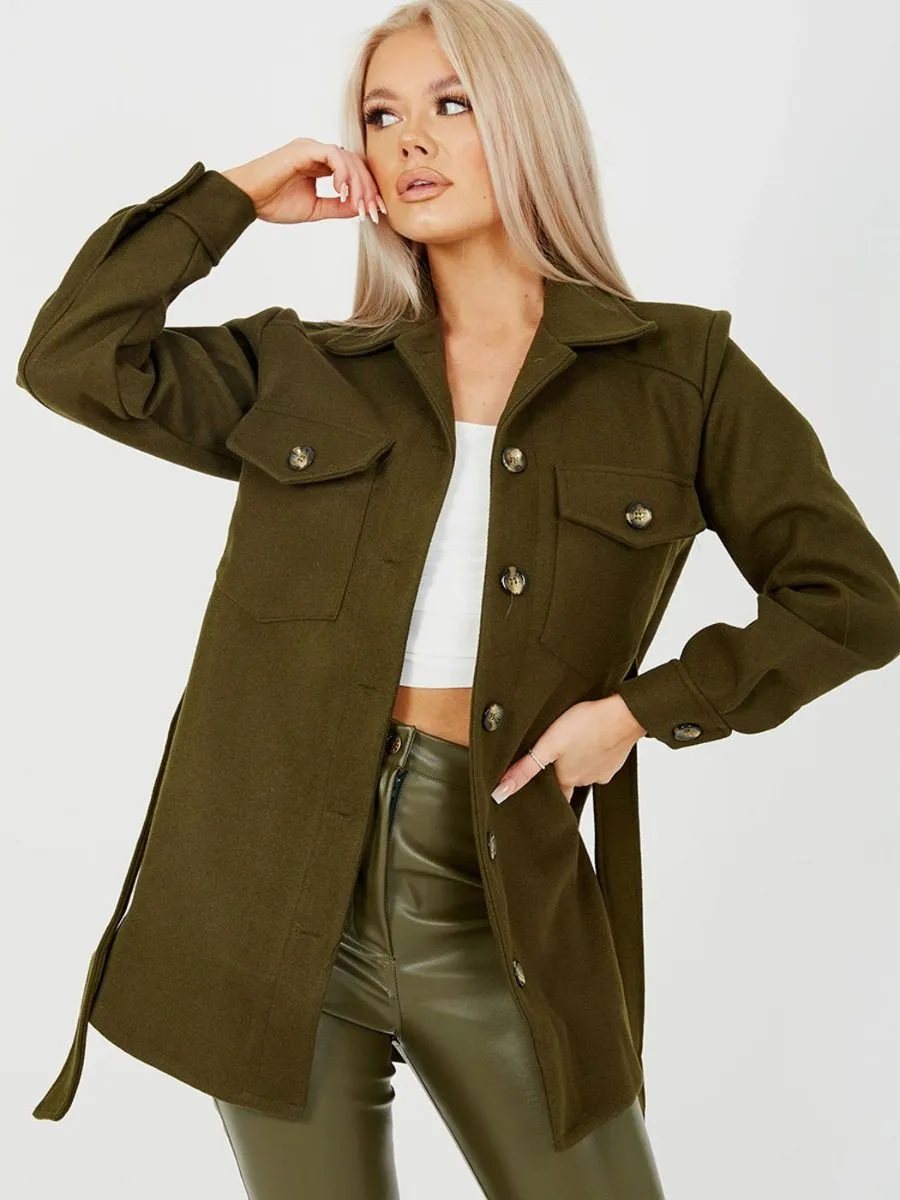 Alix Oversized Thick Belted Shacket In Khaki