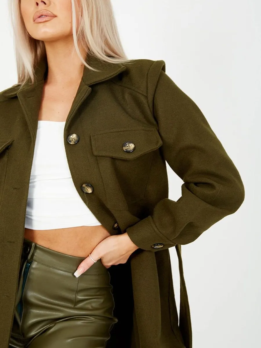 Alix Oversized Thick Belted Shacket In Khaki