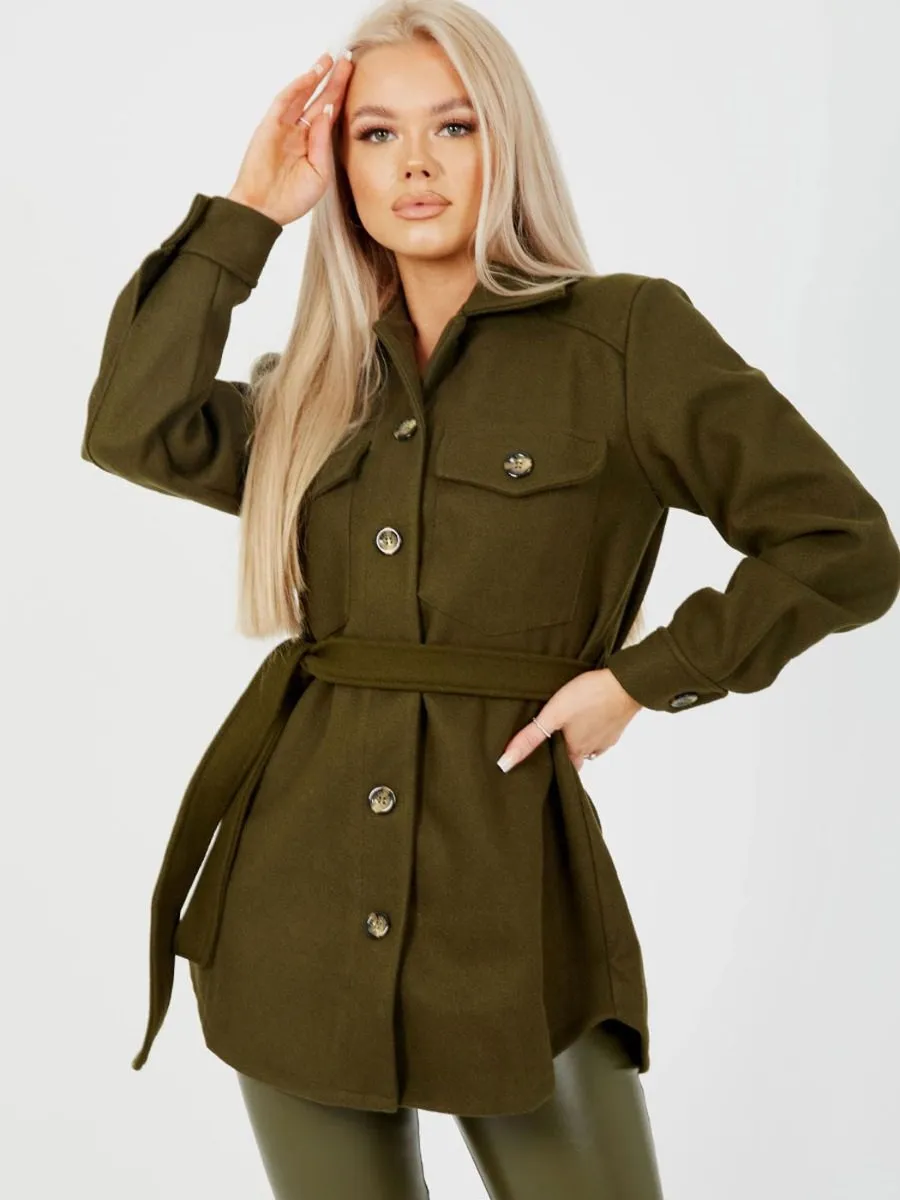 Alix Oversized Thick Belted Shacket In Khaki