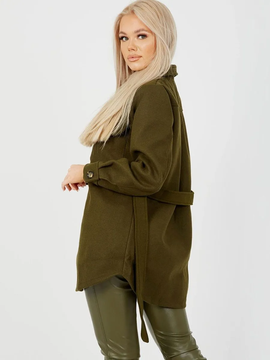 Alix Oversized Thick Belted Shacket In Khaki