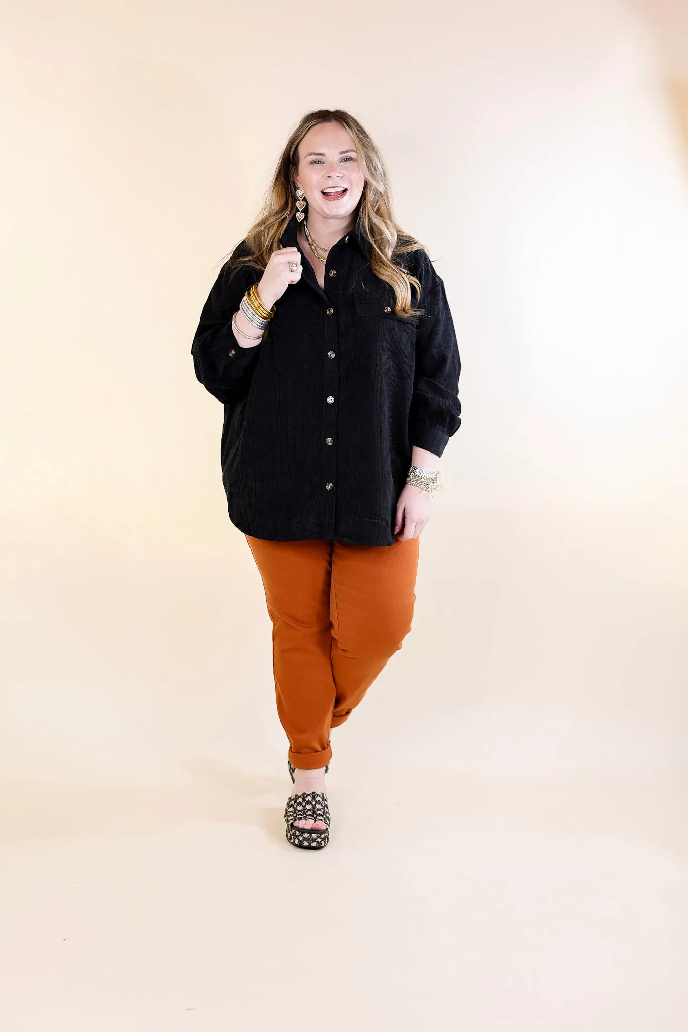 All Dolled Up Button Up Corduroy Shacket in Black