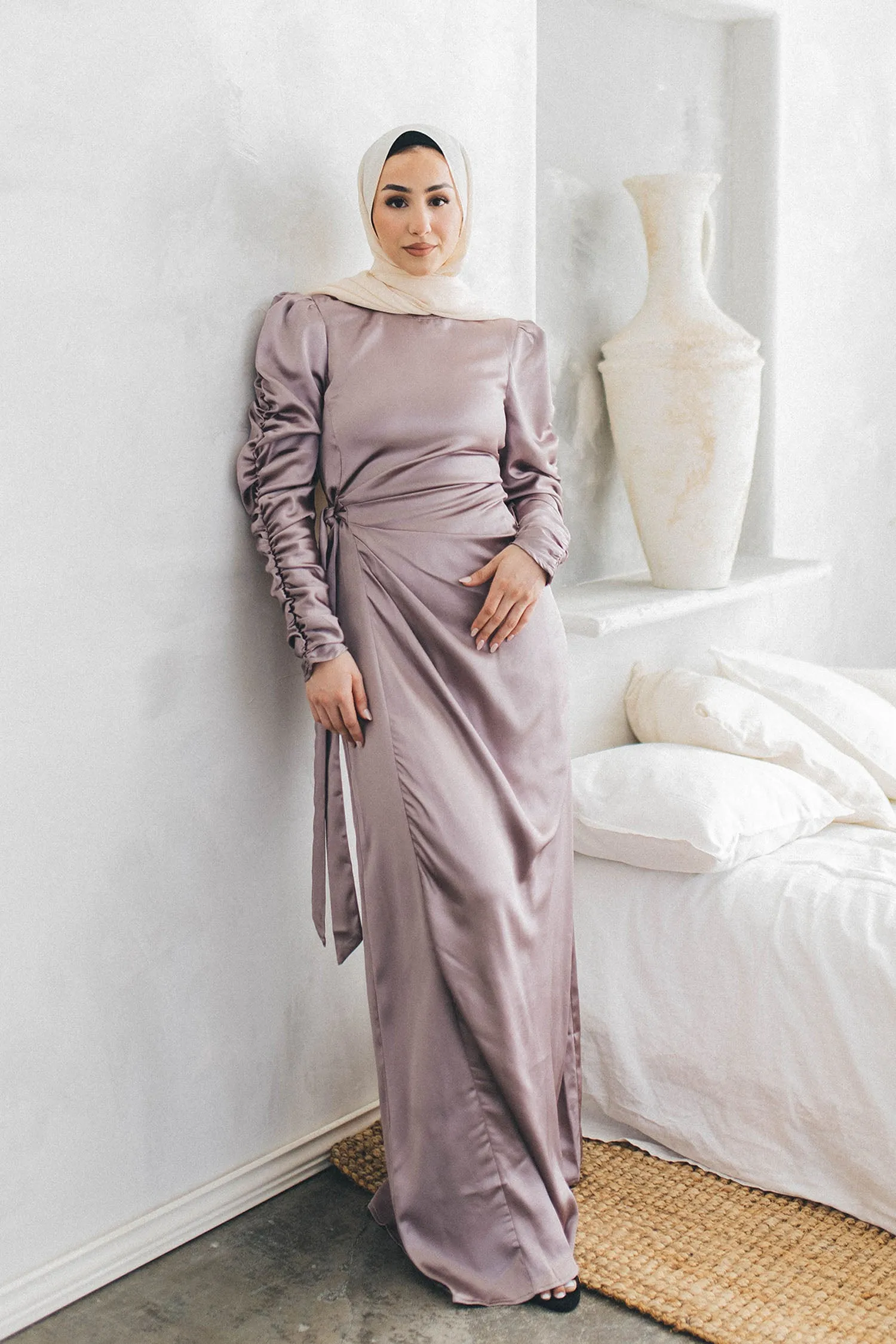 Amelia Wrap Satin Dress- Lavendar