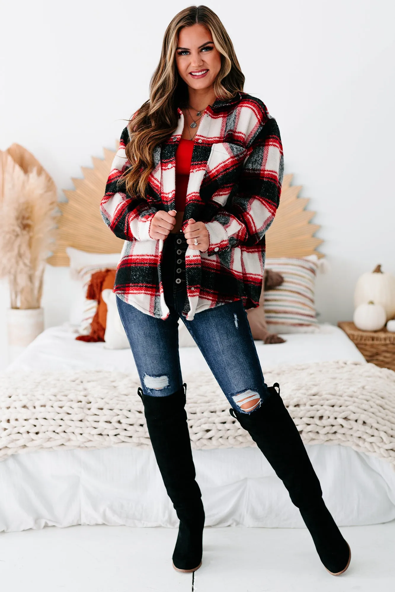 Apple-y Ever After Plaid Oversized Shacket (Red)