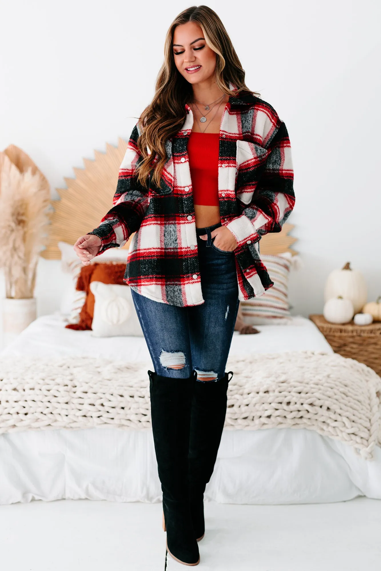 Apple-y Ever After Plaid Oversized Shacket (Red)