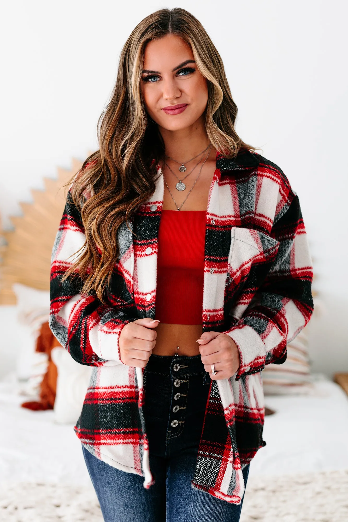 Apple-y Ever After Plaid Oversized Shacket (Red)