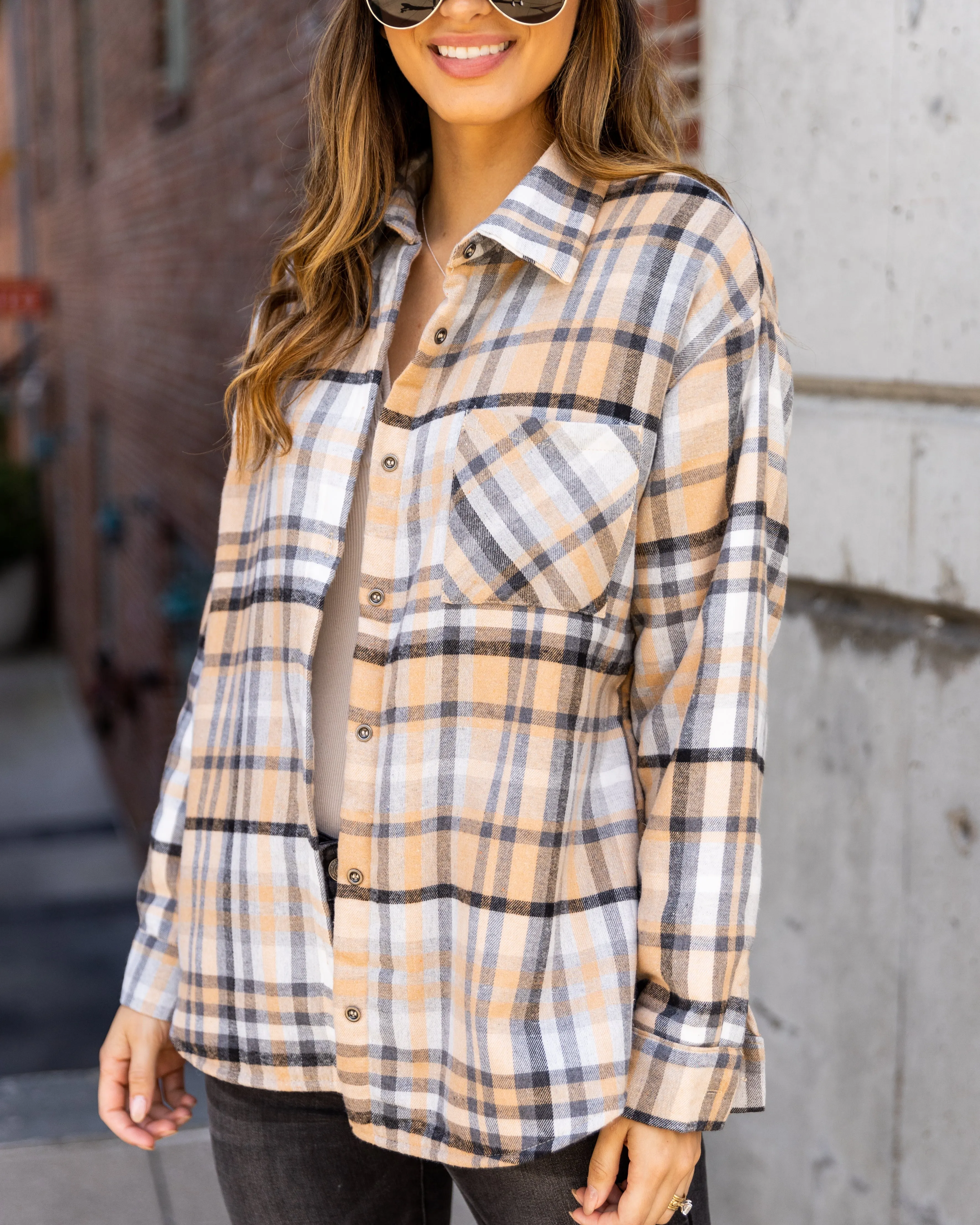 Asher Plaid Button Down Sherpa Lined Shacket - Grey Multi