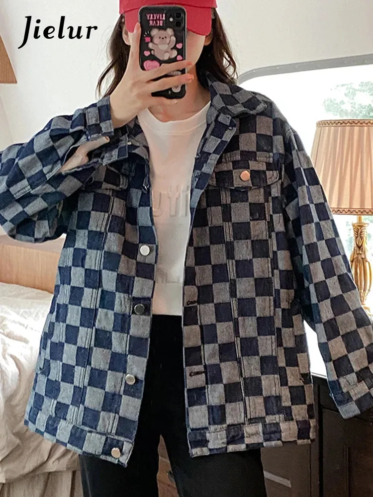 Autumn Black Denim Coat Women Korean New Chessboard Checker Casual Loose Retro Blue Jacket Top Woman High Street Chic