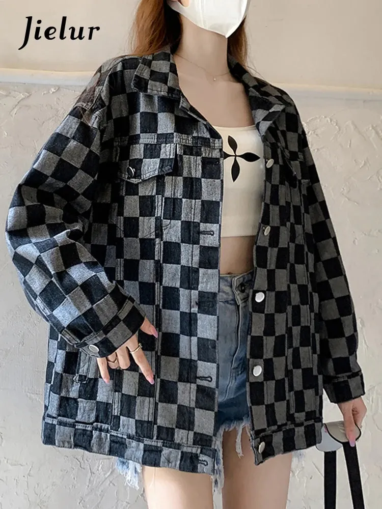 Autumn Black Denim Coat Women Korean New Chessboard Checker Casual Loose Retro Blue Jacket Top Woman High Street Chic