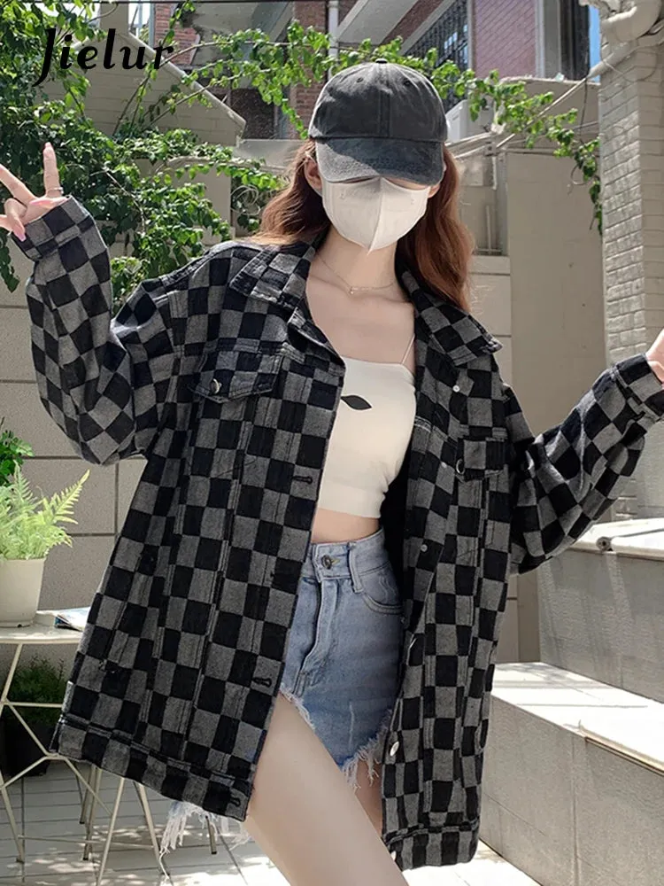 Autumn Black Denim Coat Women Korean New Chessboard Checker Casual Loose Retro Blue Jacket Top Woman High Street Chic