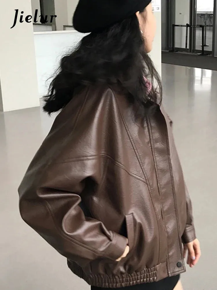 Autumn Pu Leather Jacket Women Spring Vintage Brown Motorcycle Coat Female Korean Loose Street Outerwear