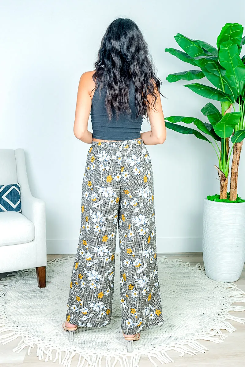 Beige Floral Herringbone Plaid Print Flare Pants (B8FP1012)