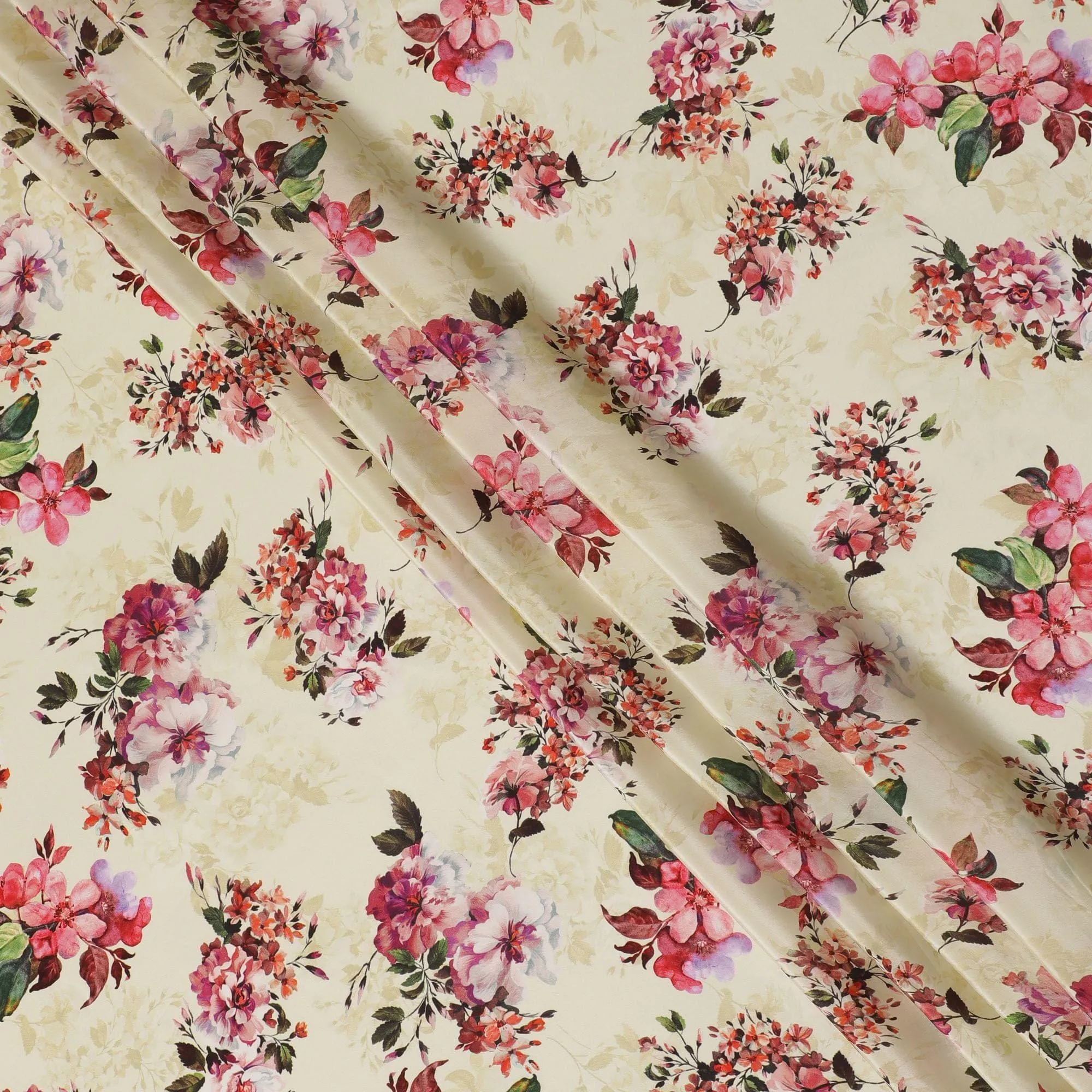 Beige synthetic crepe fabric with multicolor print in floral design-D14458