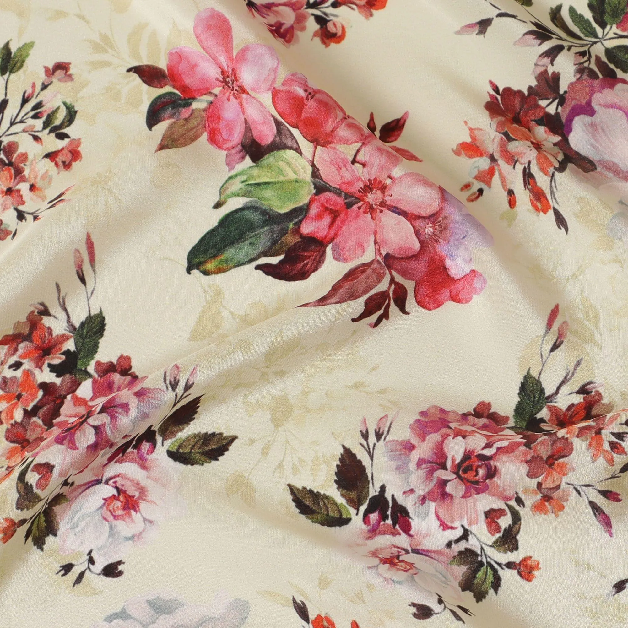 Beige synthetic crepe fabric with multicolor print in floral design-D14458