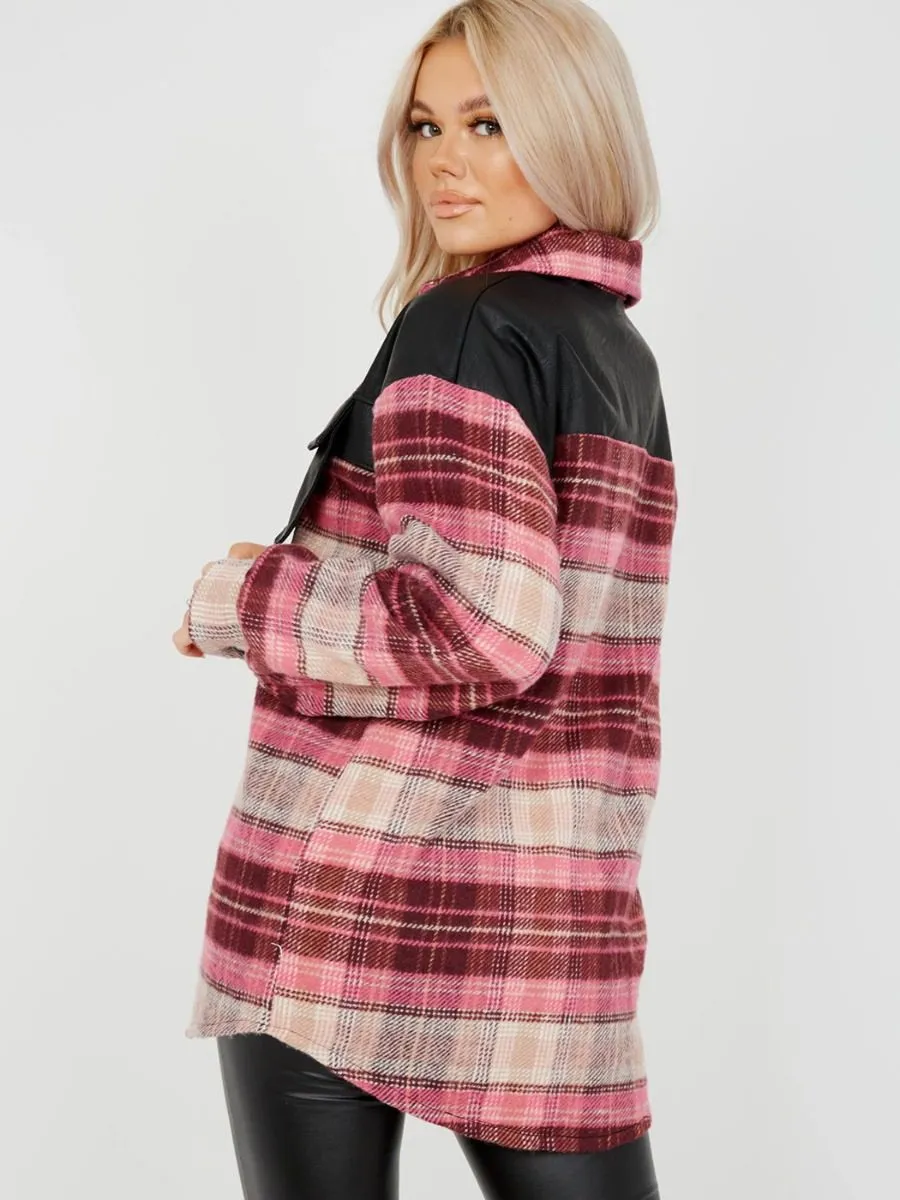 Belle PU Detail Oversized Thick Checked Shacket In Pink