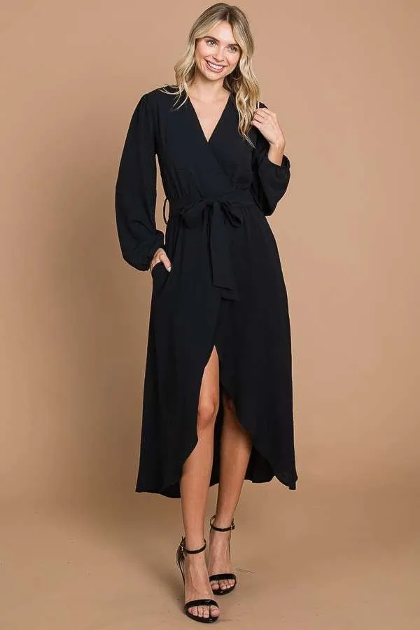 BLACK FAUX WRAP LONG SLEEVE DRESS