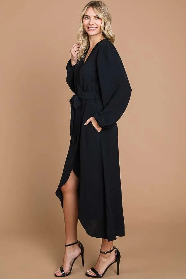 BLACK FAUX WRAP LONG SLEEVE DRESS