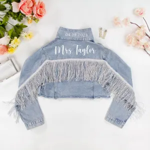 (Blue Fringe) Custom Mrs. Last Name Jean Jacket