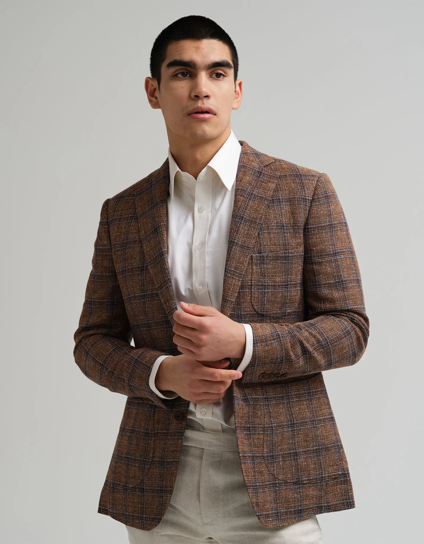 Brown & Navy Check Wool Linen Jacket