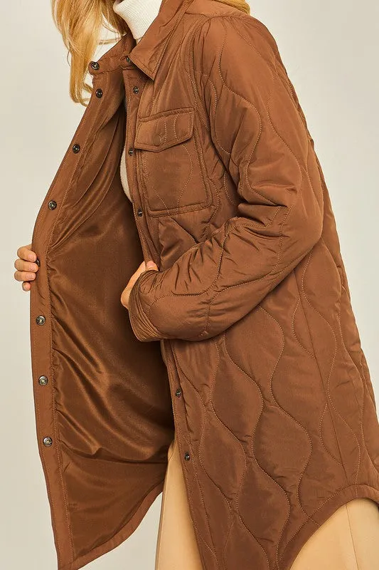 Brown Diamond Quilted Long Line Shacket