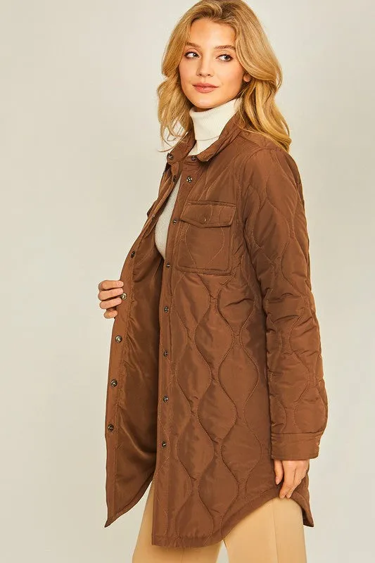 Brown Diamond Quilted Long Line Shacket