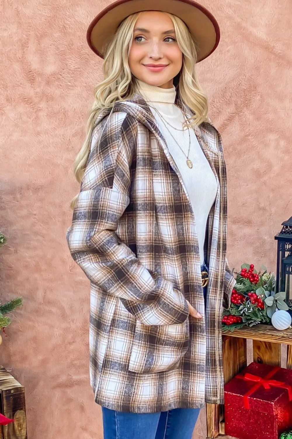 Brown Plaid Open Front Hooded Shacket