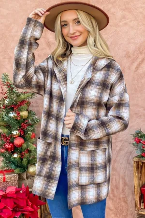 Brown Plaid Open Front Hooded Shacket