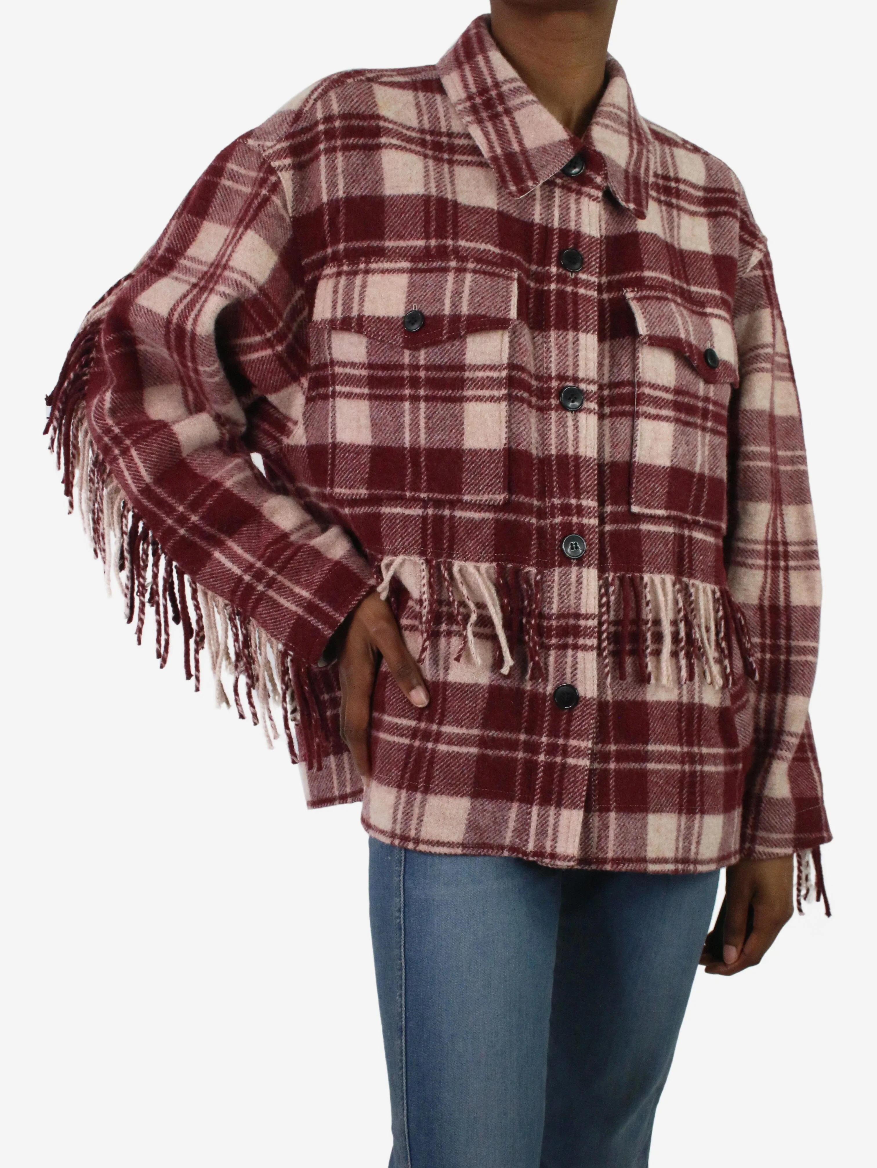 Burgundy check fringed shacket - size FR 34