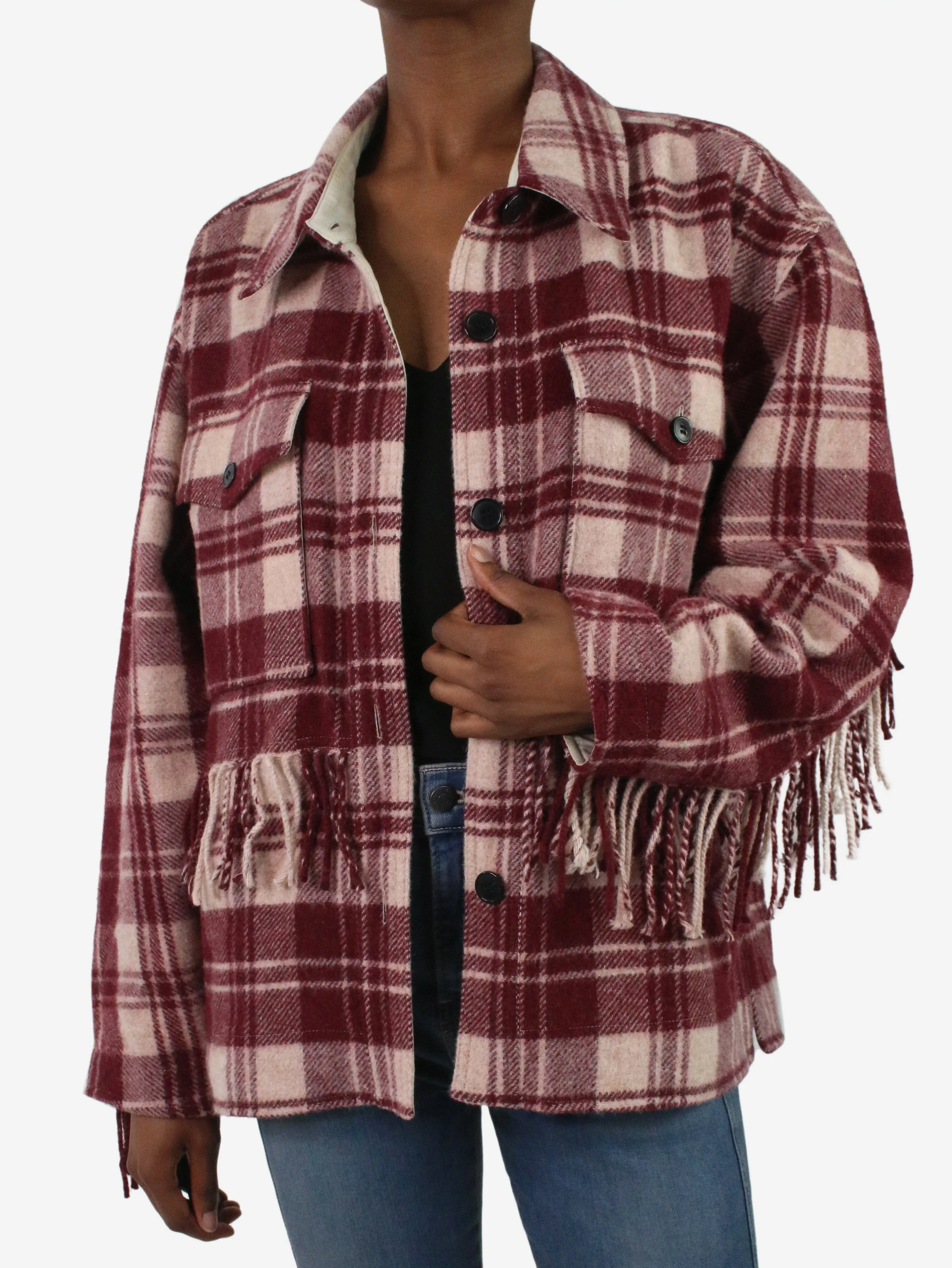 Burgundy check fringed shacket - size FR 34