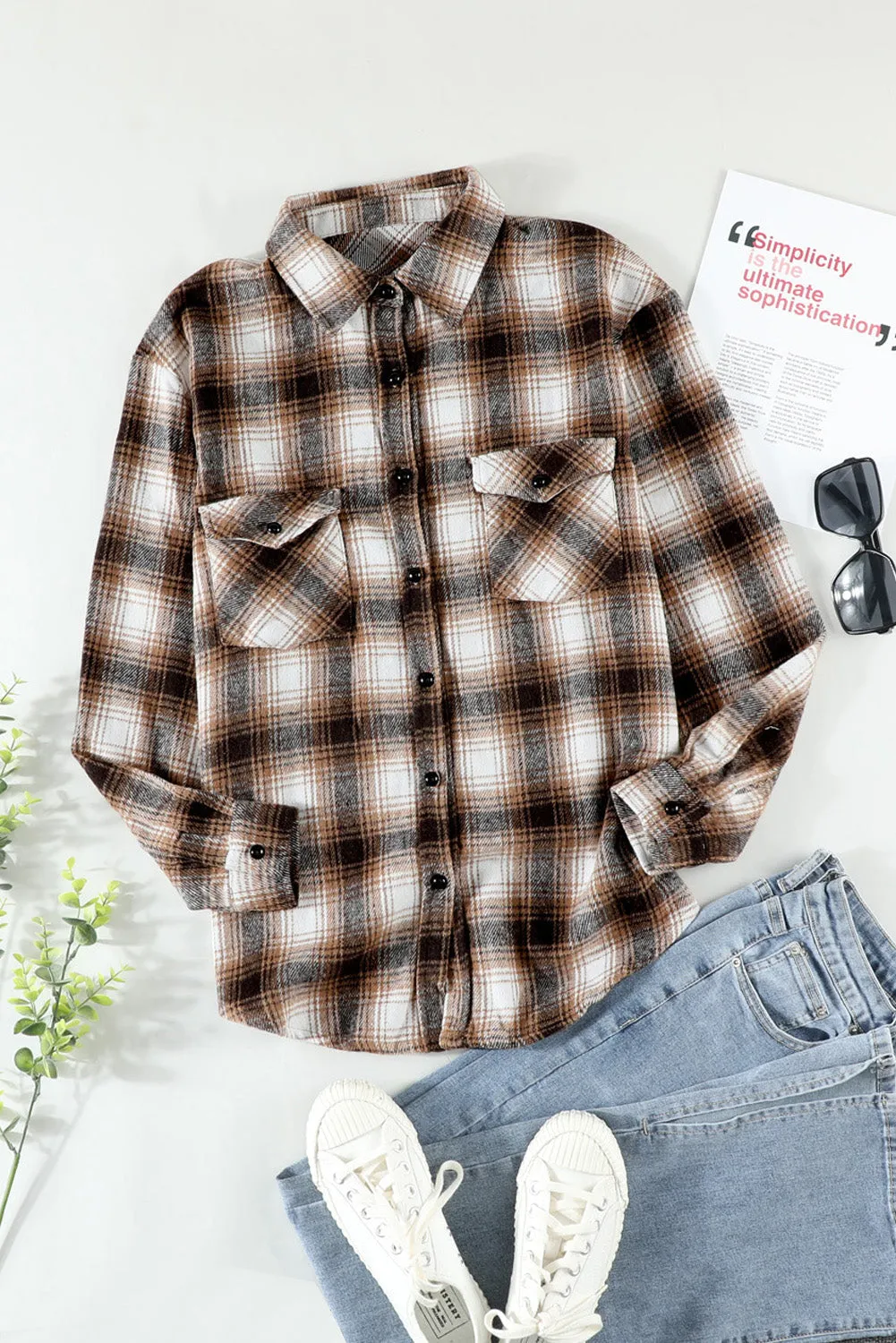 Buttons Pocketed Plaid Shacket