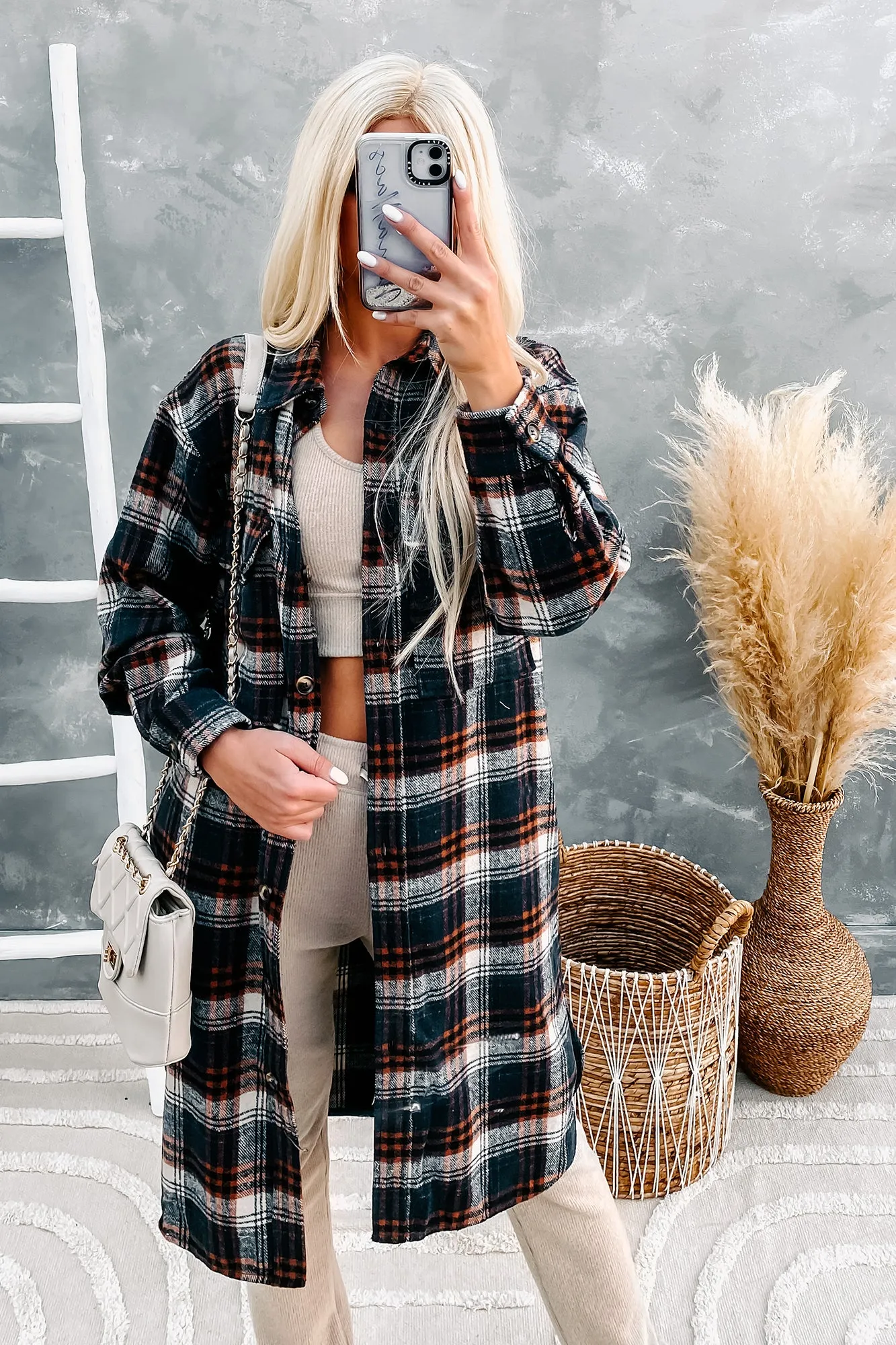 Call Your Bluff Long Plaid Shacket (Navy/Rust)