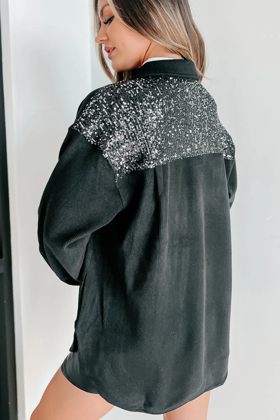 Casually Boujee Ribbed Sequin Detailed Shacket (Black/Silver)