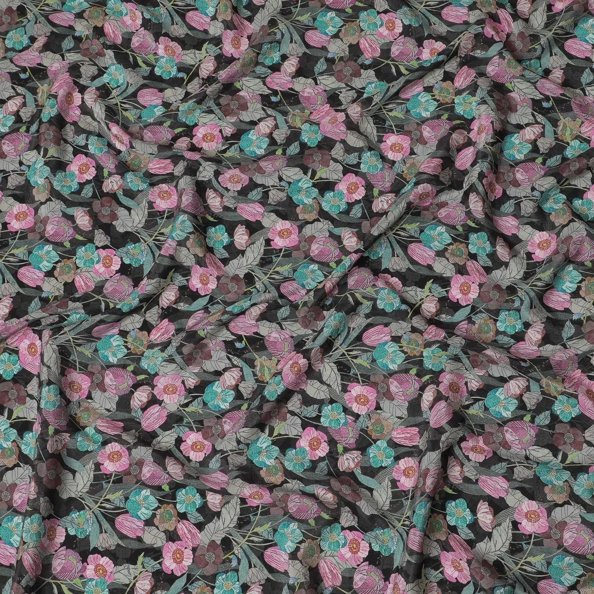 Charcoal Elegance Floral Viscose Crepe Fabric - 110cm Wide - Sophisticated Patterns for Tailored Looks - Buy Online-D18230