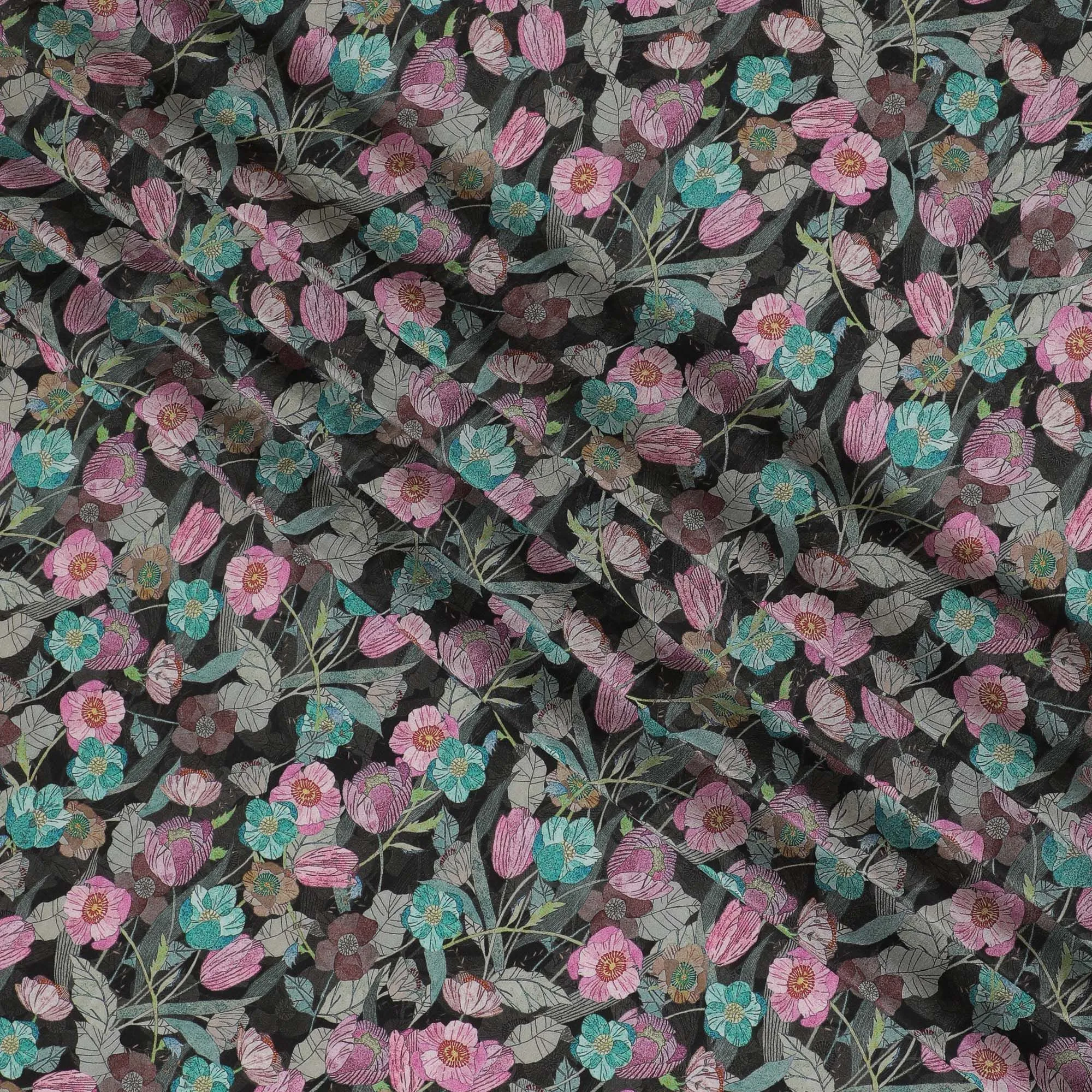 Charcoal Elegance Floral Viscose Crepe Fabric - 110cm Wide - Sophisticated Patterns for Tailored Looks - Buy Online-D18230