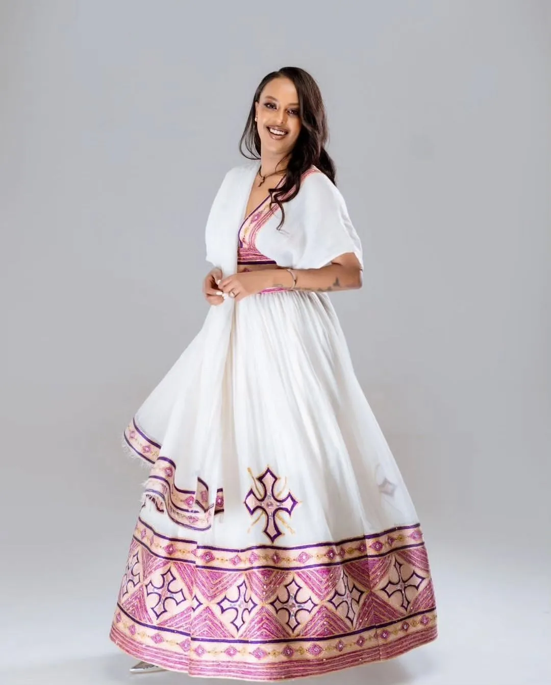 Charming Pink Gaze in Traditional Ethiopian Dress: Contemporary Designed Habesha Dress Perfect for Any Occasions Habesha Kemis