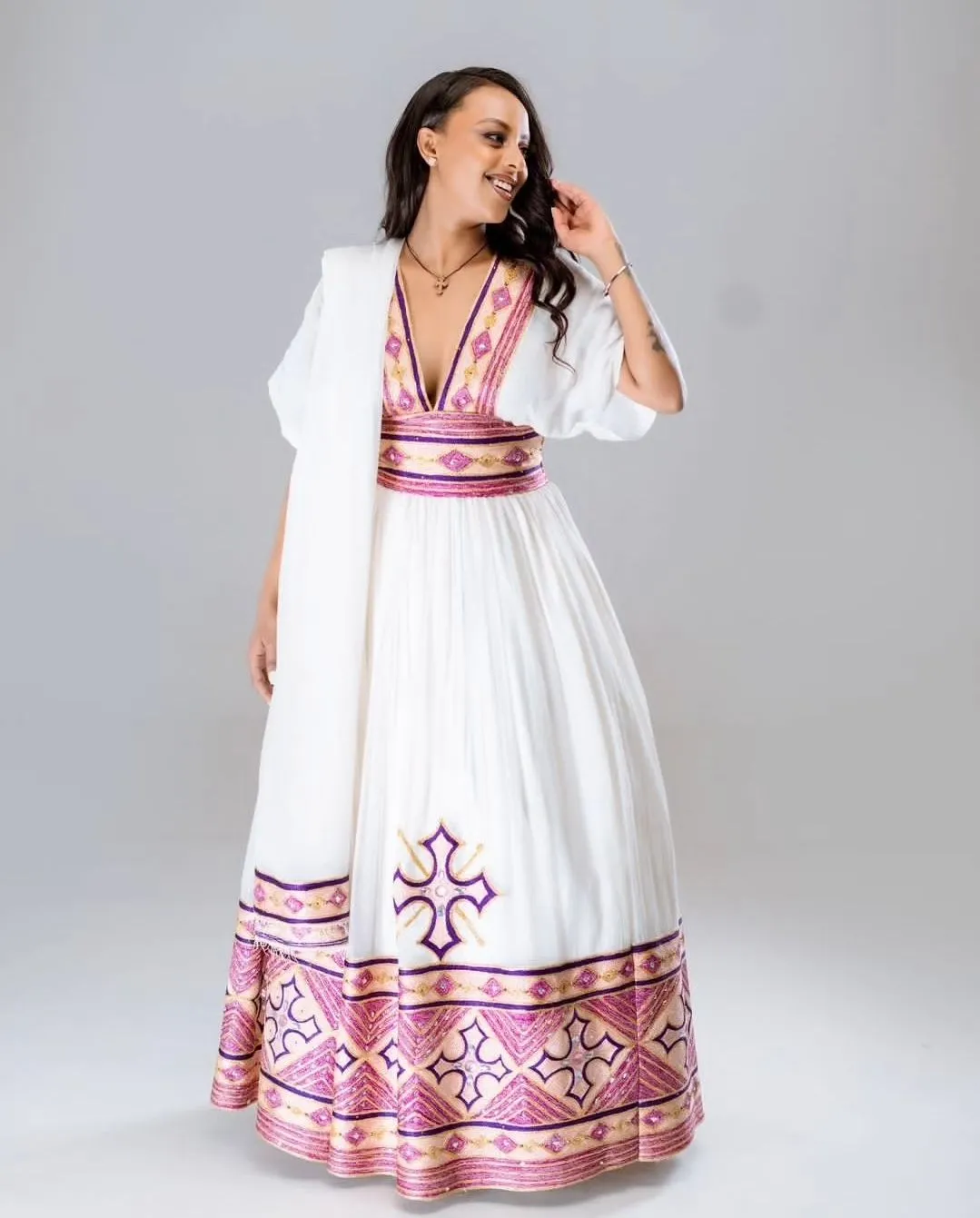 Charming Pink Gaze in Traditional Ethiopian Dress: Contemporary Designed Habesha Dress Perfect for Any Occasions Habesha Kemis