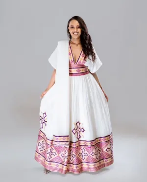 Charming Pink Gaze in Traditional Ethiopian Dress: Contemporary Designed Habesha Dress Perfect for Any Occasions Habesha Kemis