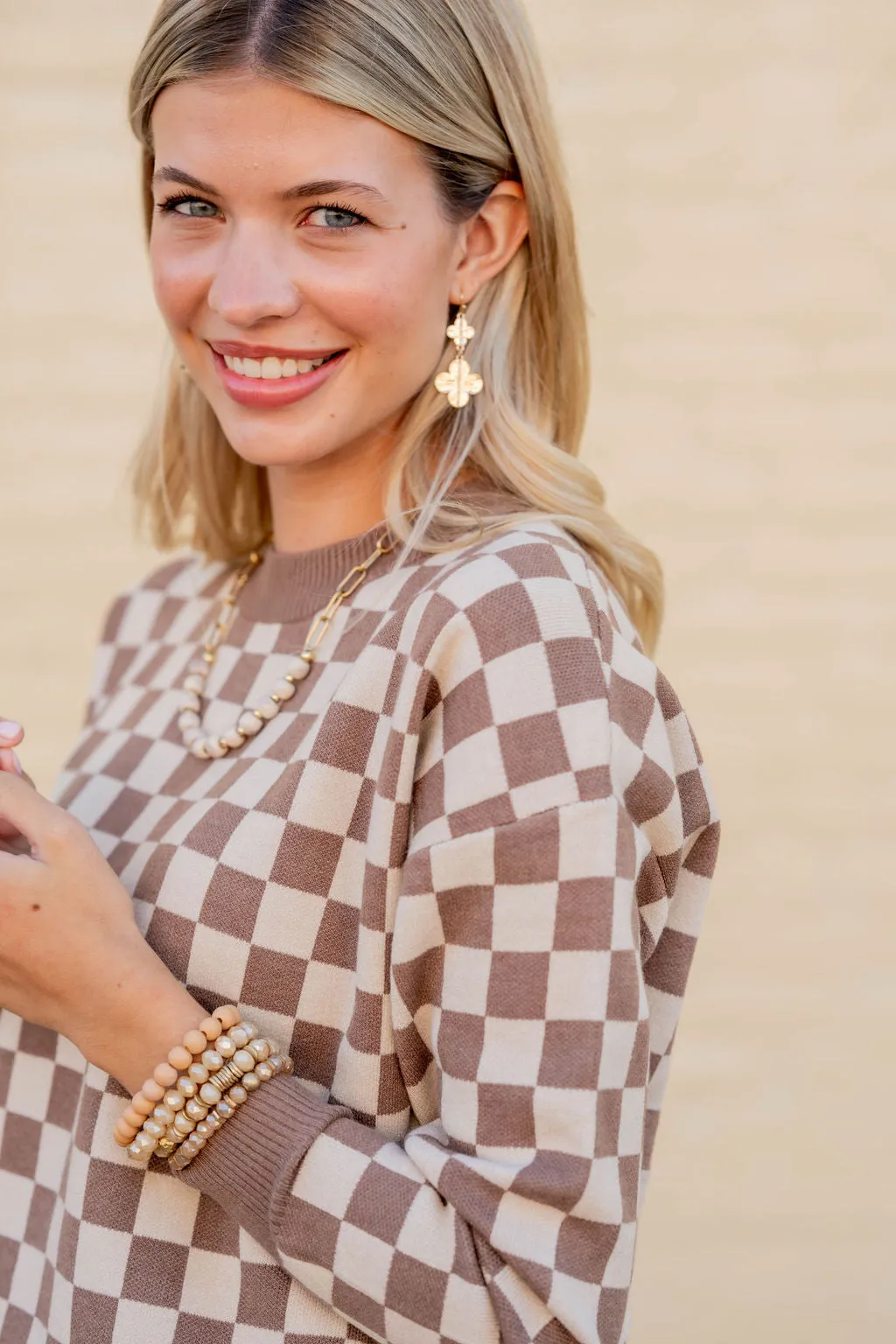 Checkered Ribbed Trim Sweater