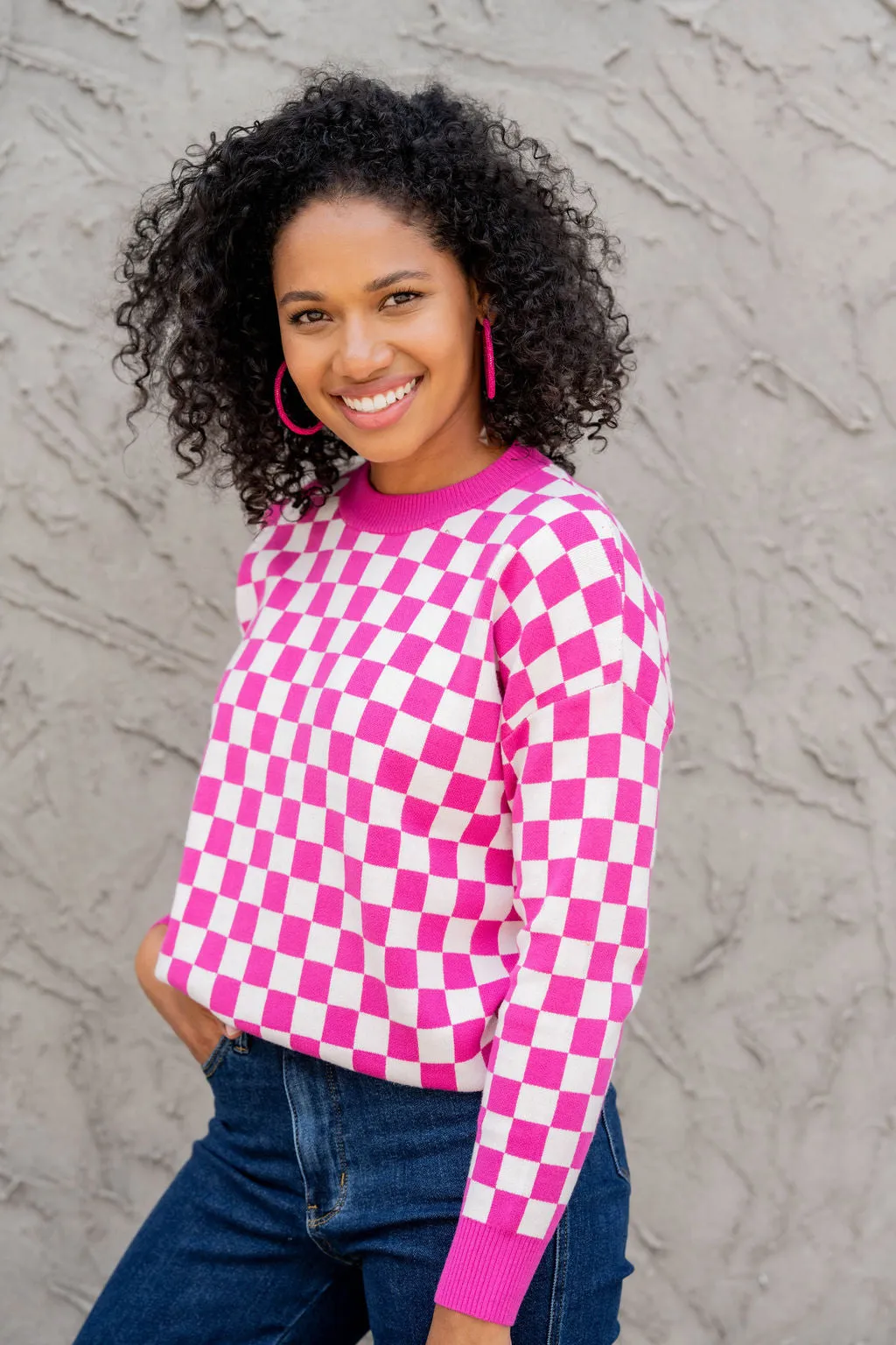 Checkered Ribbed Trim Sweater