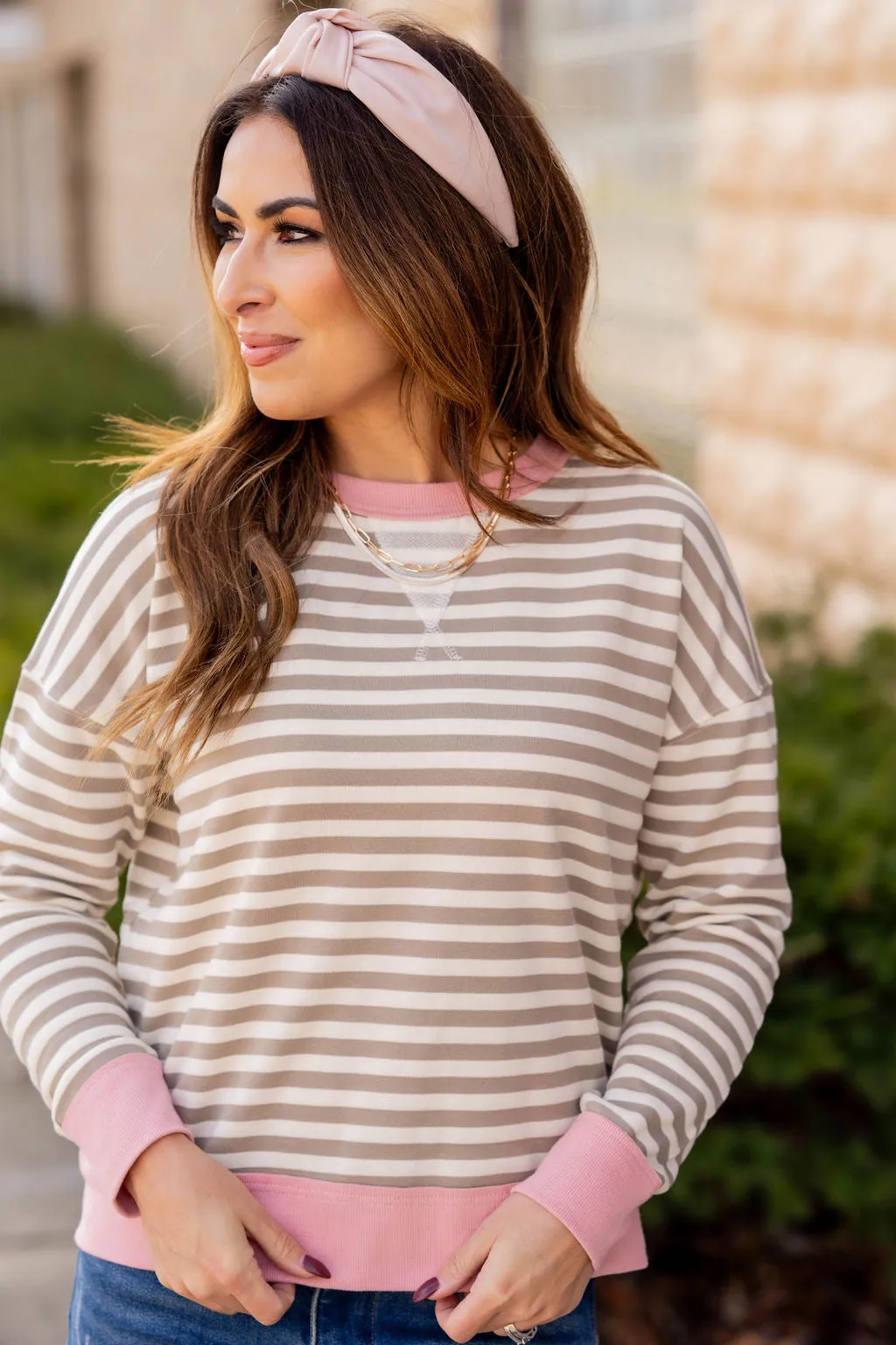 Color Trim Striped Sweatshirt