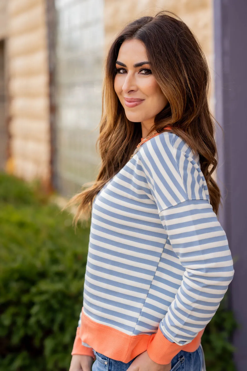 Color Trim Striped Sweatshirt