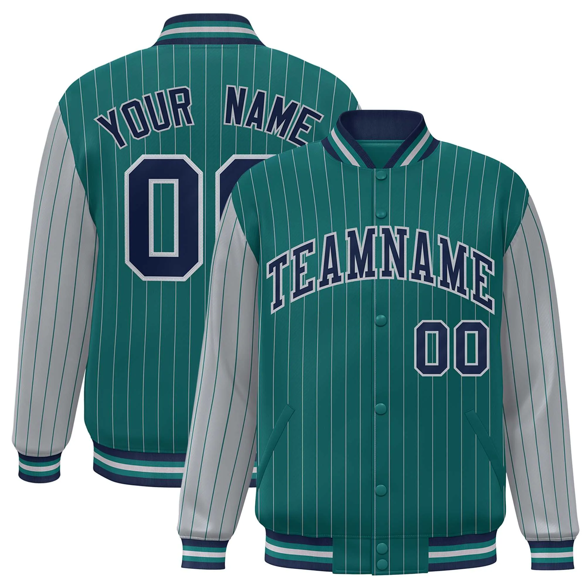 Custom Aqua Gray Raglan Sleeves Varsity Full-Snap Pinstripe Letterman Baseball Jacket