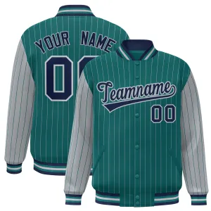 Custom Aqua Gray Raglan Sleeves Varsity Full-Snap Pinstripe Letterman Baseball Jacket