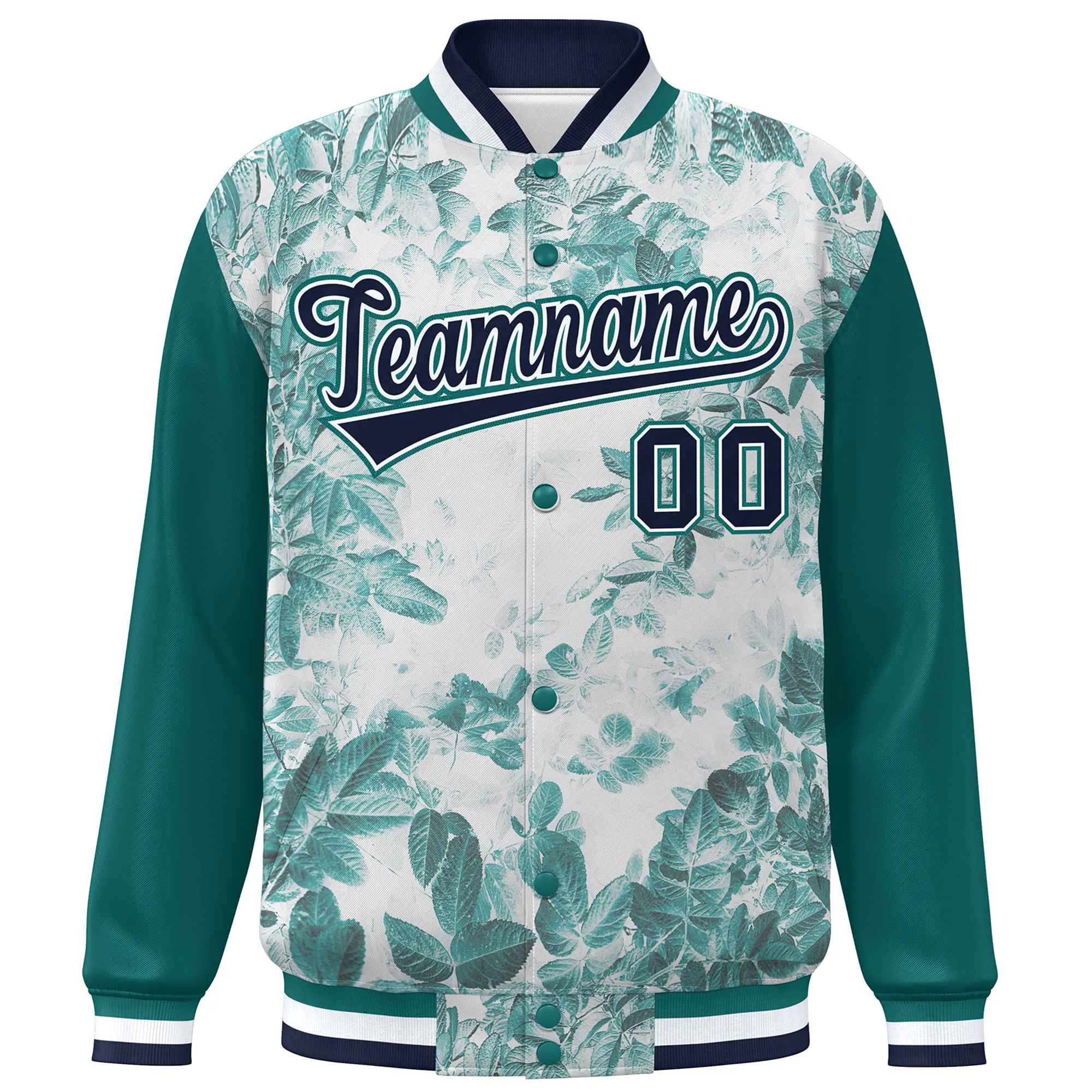 Custom Aqua Navy-White Maple Leaf Raglan Sleeves Bomber Graffiti Pattern Varsity Jacket