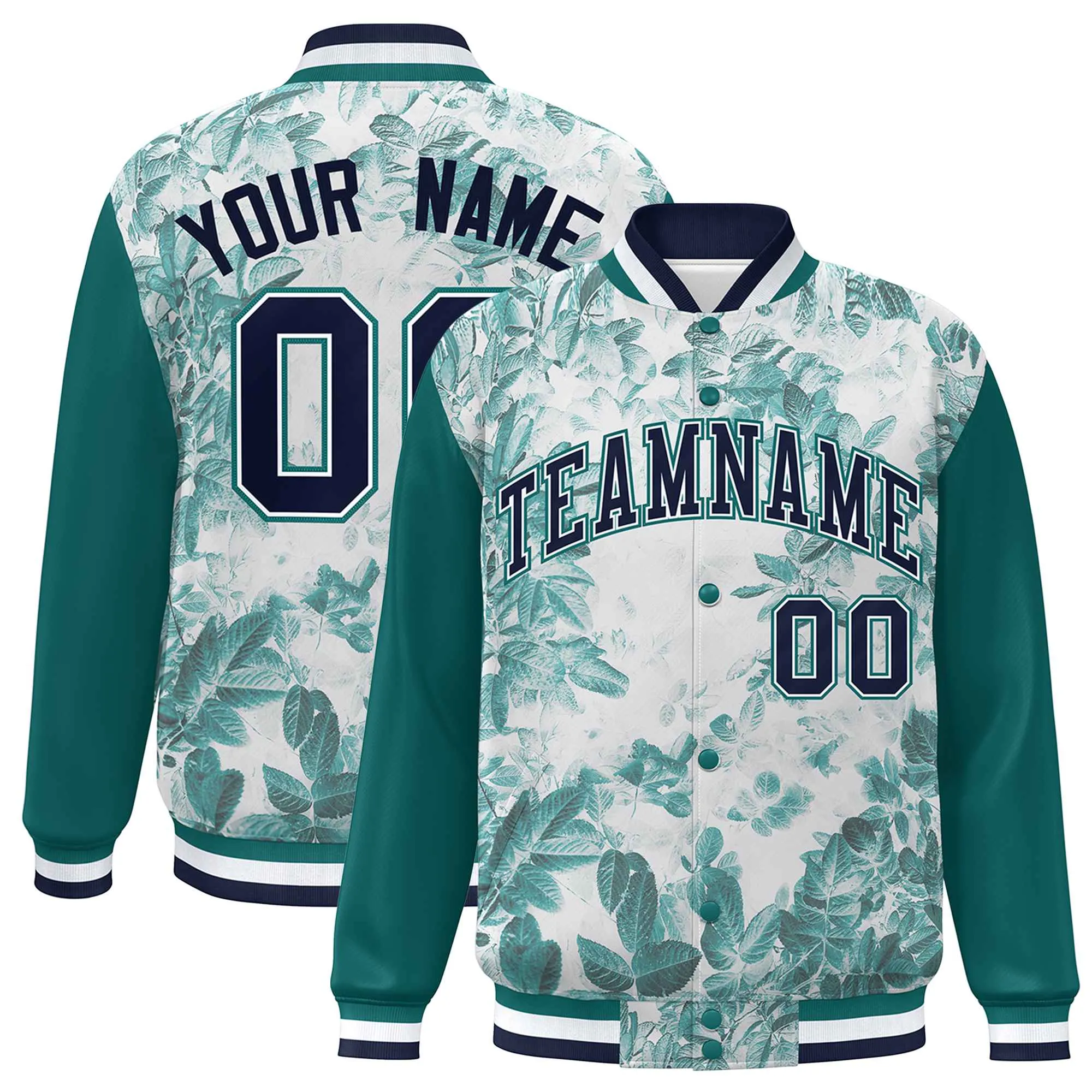 Custom Aqua Navy-White Maple Leaf Raglan Sleeves Bomber Graffiti Pattern Varsity Jacket