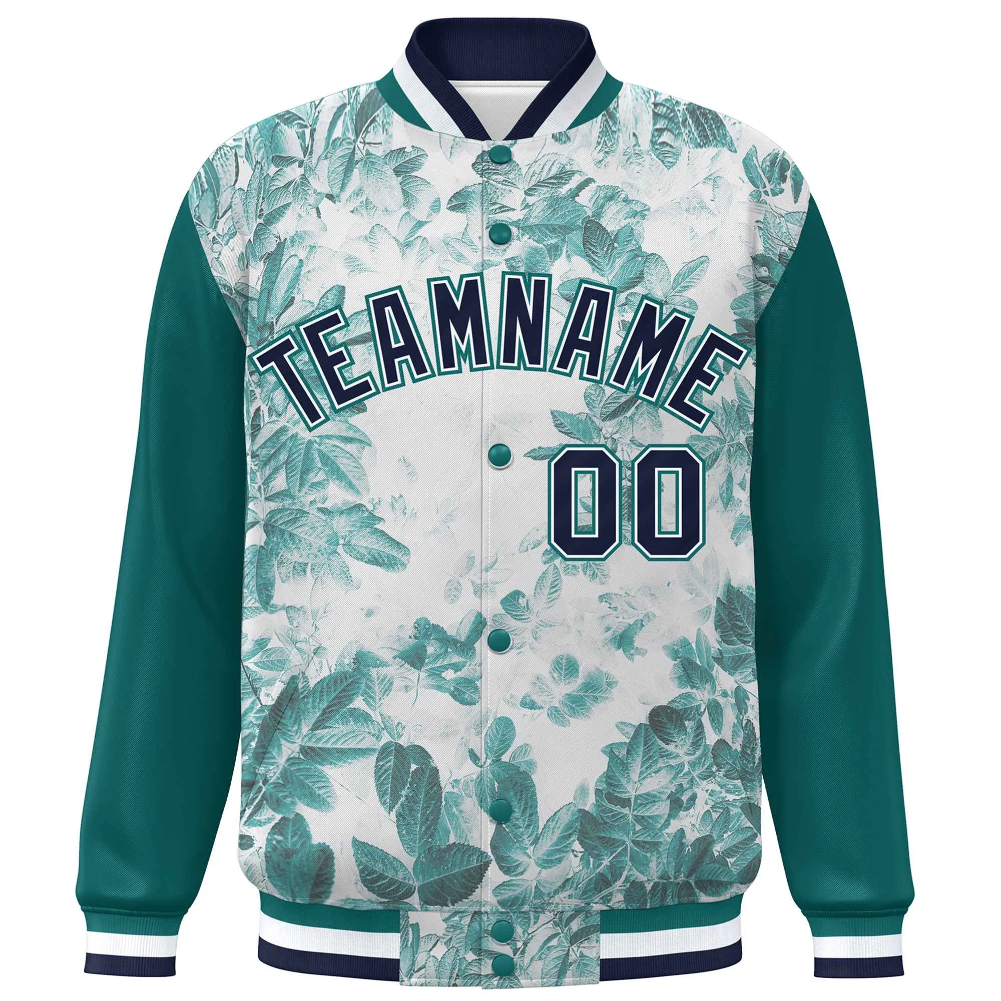 Custom Aqua Navy-White Maple Leaf Raglan Sleeves Bomber Graffiti Pattern Varsity Jacket