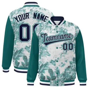 Custom Aqua Navy-White Maple Leaf Raglan Sleeves Bomber Graffiti Pattern Varsity Jacket