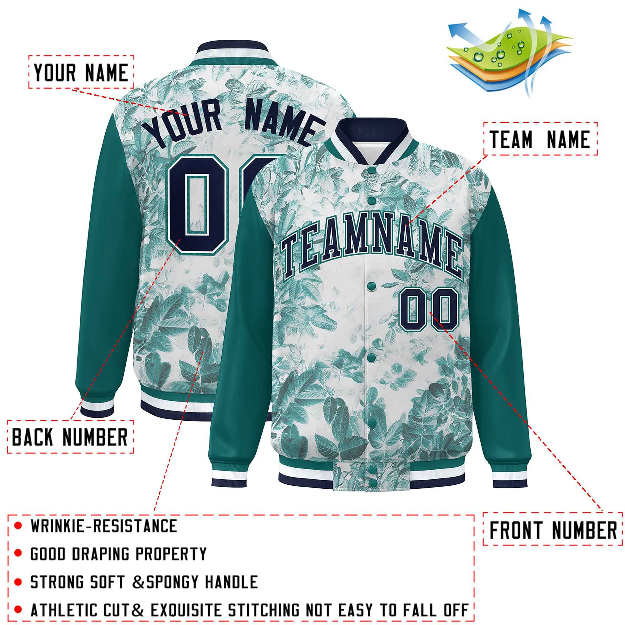 Custom Aqua Navy-White Maple Leaf Raglan Sleeves Bomber Graffiti Pattern Varsity Jacket