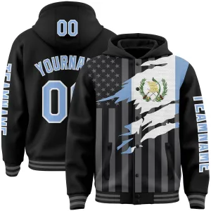 Custom Black Light Blue-Gray Guatemala Guatemalan Flag 3D Bomber Full-Snap Varsity Letterman Hoodie Jacket