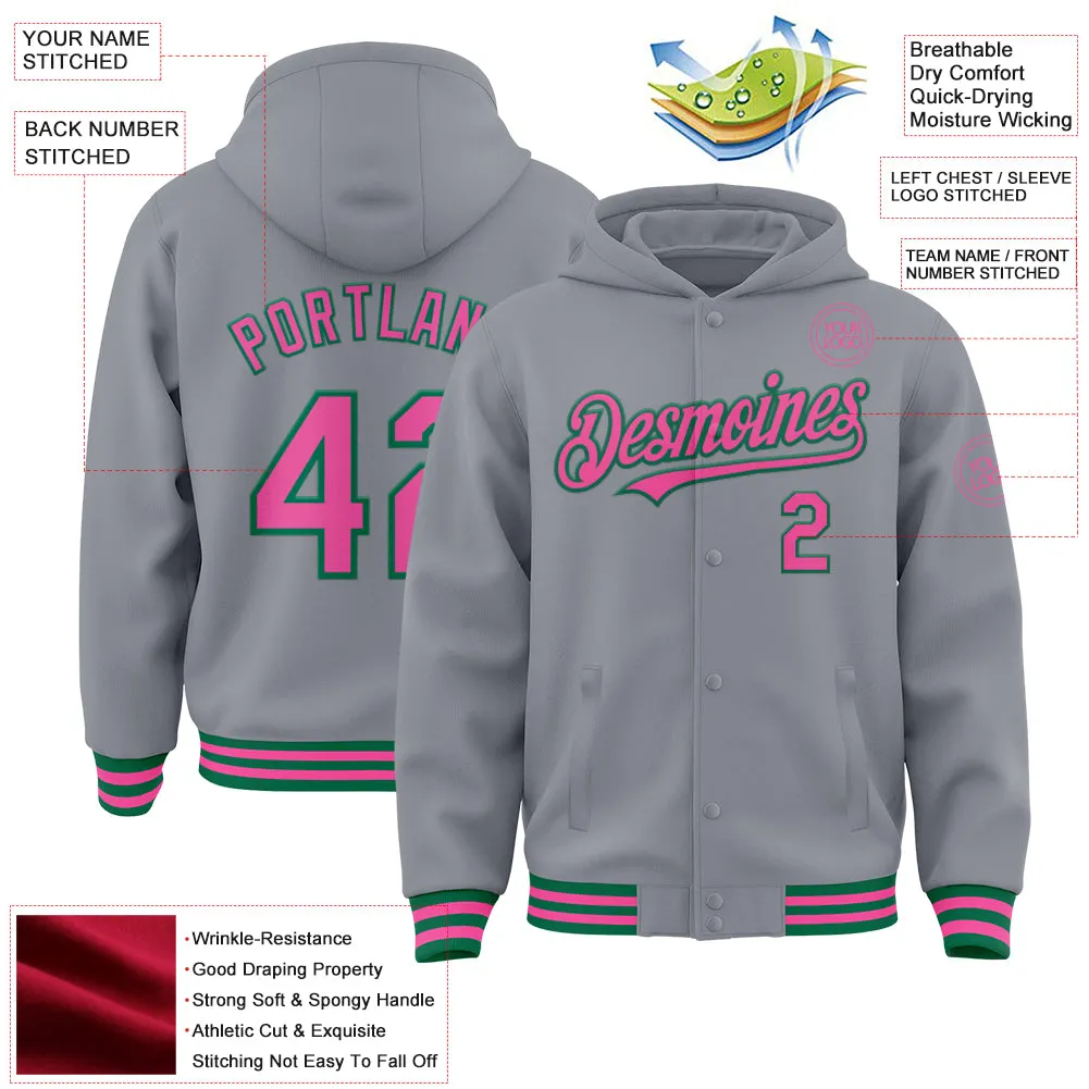 Custom Gray Pink-Kelly Green Bomber Full-Snap Varsity Letterman Hoodie Jacket